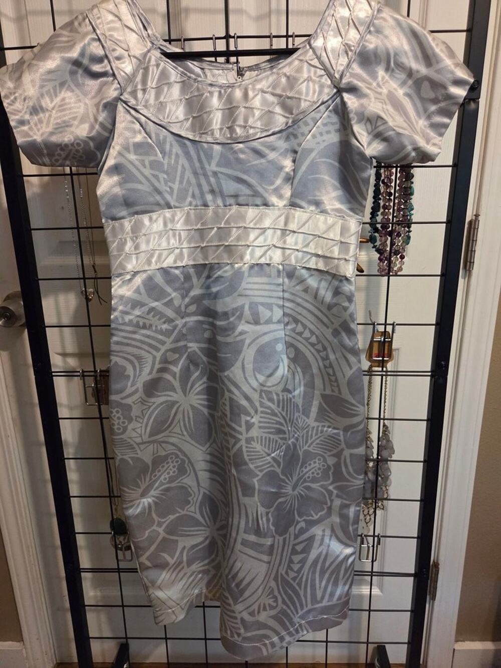 Silver Satin Polynesian Floral Sheath Dress with Quilted Bodice Detail
